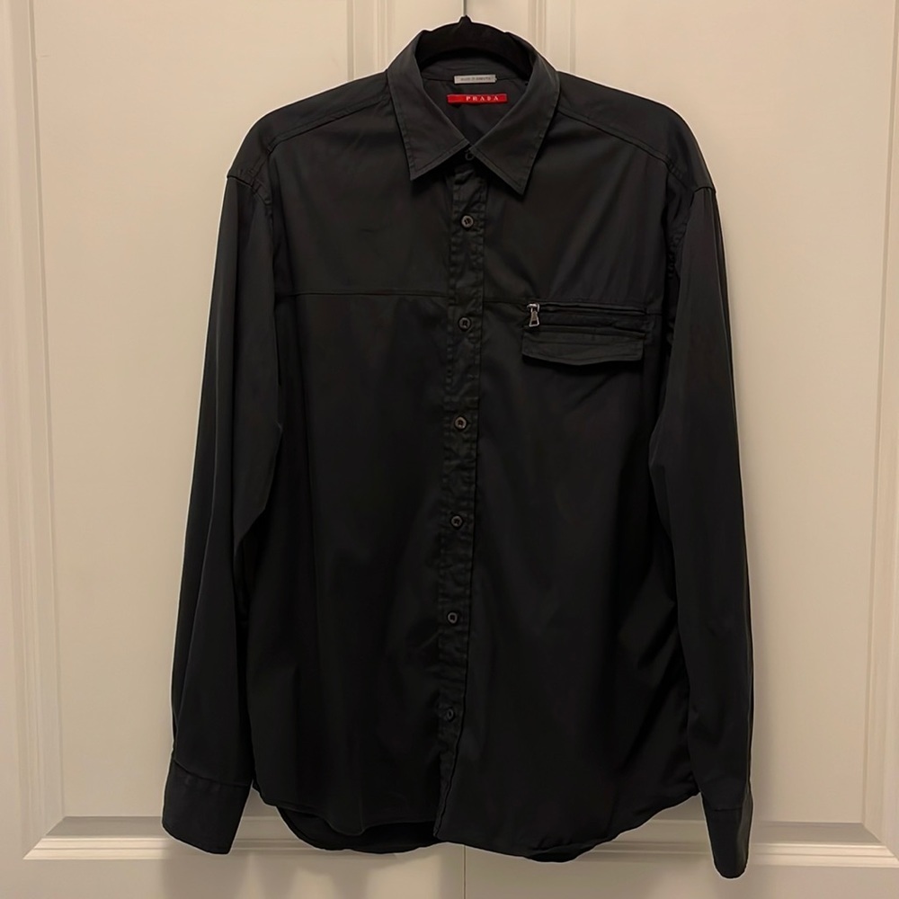 Prada Black Button Down Shirt with Zippered Breast Pocket